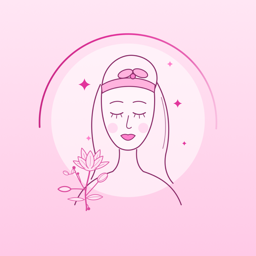 Ilustração de uma mulher com fita de spa, a relaxar durante um tratamento de pele